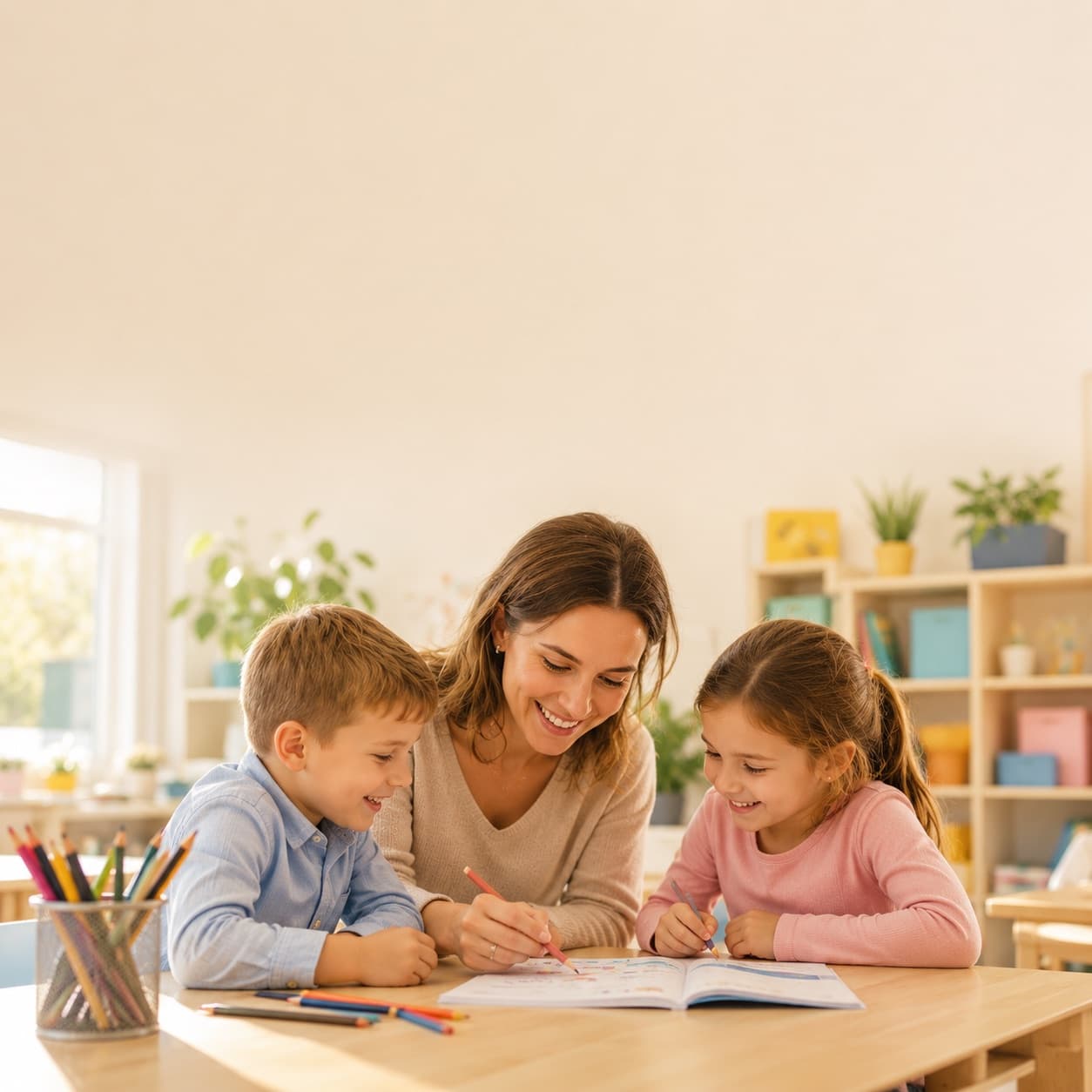 Наставник занимается с детьми за общим столом в Kids Академии